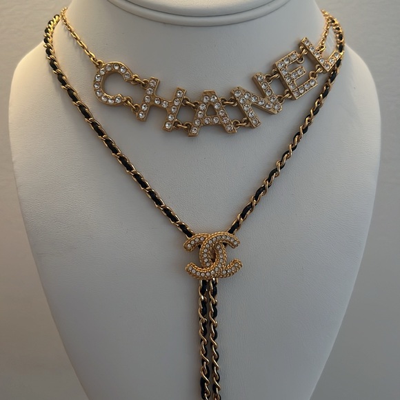 Chanel Double Necklace Rhinestone Chanel and Gold and Black Leather Necklace - Picture 3 of 8